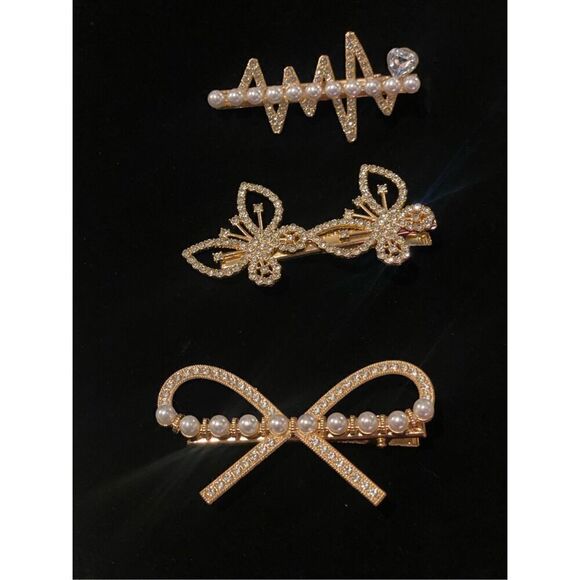 Hair Clips Set of 4 Pearls & Rhinestones Party Holidays - Picture 9 of 9